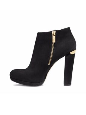 Michael Kors Black Suede High-Heel Ankle Boots with Gold Zip